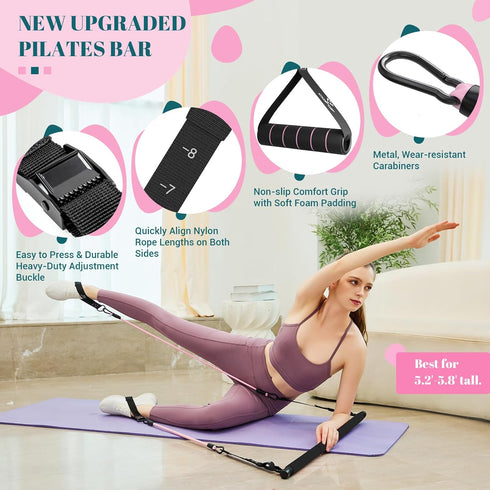 Pilates Bar Kit with Resistance Bands - Multifunctional Yoga Pilates Bar with Heavy-Duty Metal Adjustment Buckle