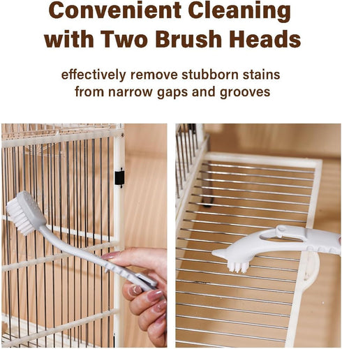 Bird Cage Cleaner with Two Brush Heads, Long Handle Tool for Cleaning Bird Cages and Kennels