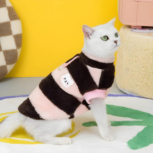 Dog Winter Warm Clothing Striped Vest Cute Little Bear Pattern Plush Sweater (Black Pink,Medium)