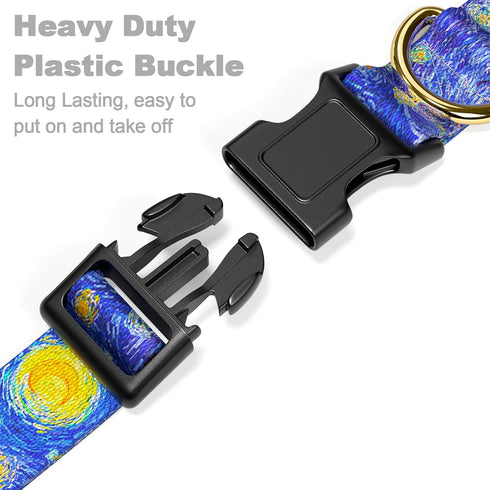 Adjustable Dog Collar for Medium Dogs, Cute Nylon Puppy Collar for Boys and Girls, Van Gogh Starry Night with Quick