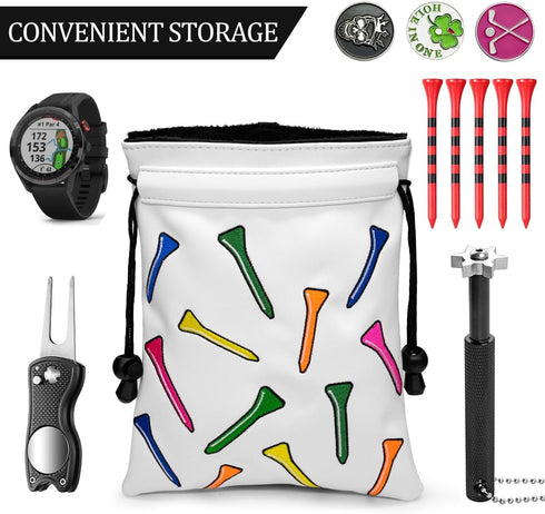 Montela Golf Valuables Pouch, Leather Golf Tee Bag with Drawstrings for Men Women