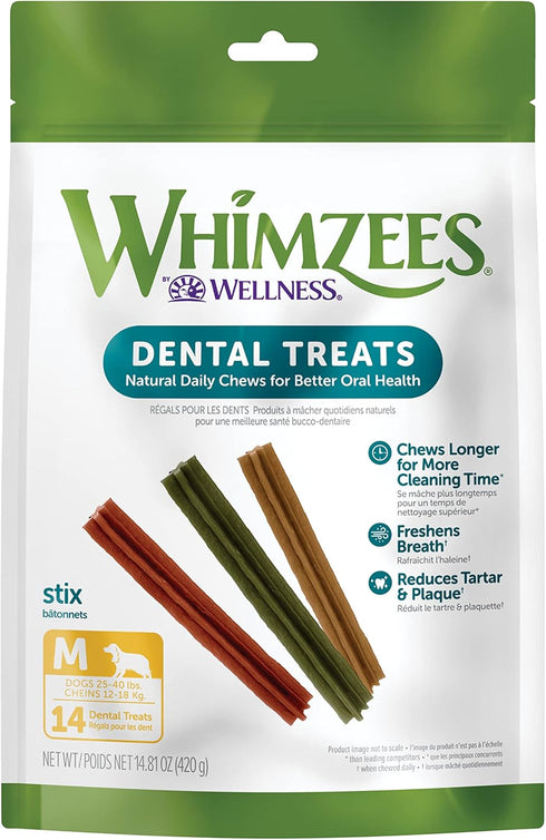 WHIMZEES by Wellness 14 Count Natural Dental Chews for Medium Breed Dogs, Grain-Free, Freshen Breath & Fight Plaque