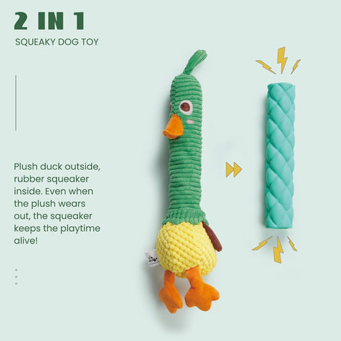 Nocciola 2 in 1 Duck Dog Toy with Large Rubber Squeaker, Durable Stuffed Chew Toys for Aggressive Chewers