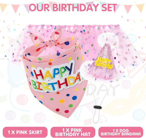 SCENEREAL Dog Birthday Bandana with Hat and Dress Girl Set, Cute Pink Tutu Skirt Outfit for Small Medium Large Dogs
