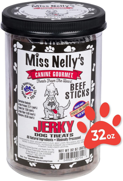 Miss Nelly's All Natural Beef Jerky Dog Treats - Original Smoke House Recipe - Minimally Processed Soft Sticks - Made