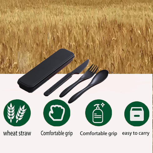 Portable Wheat Straw Cutlery Set, 2 Sets Reusable Utensils with Case, BPA-Free Knife Spoon Fork, Travel Utensils (Black)