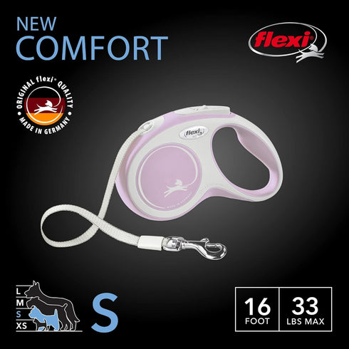 FLEXI New Comfort Retractable Dog Leash (Tape), Ergonomic, Durable and Tangle free Pet Walking Leash For Dogs Up to 33 lbs, 16 ft, Small, Pink/Rose