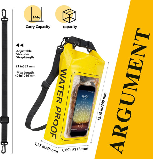 IP68 Waterproof Dry Bag, 2L - Roll Top Waterproof Pool Bag,dry bags for kayaking waterproof-w/Phone Pouch,Large Waterproof Phone Pouch,Boating & Kayak Accessories camping (yellow)
