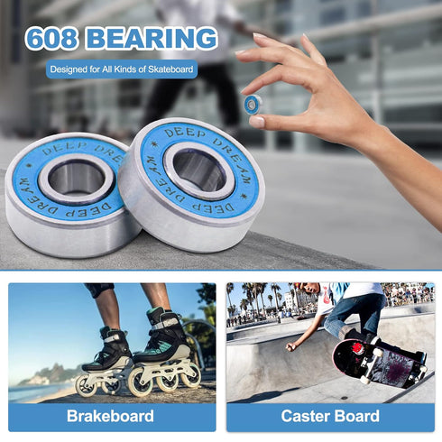 Premium 20Pcs 608rs Skateboard Bearings - Chrome Steel Longboard Bearings, 8x22x7mm, Double Rubber Sealed