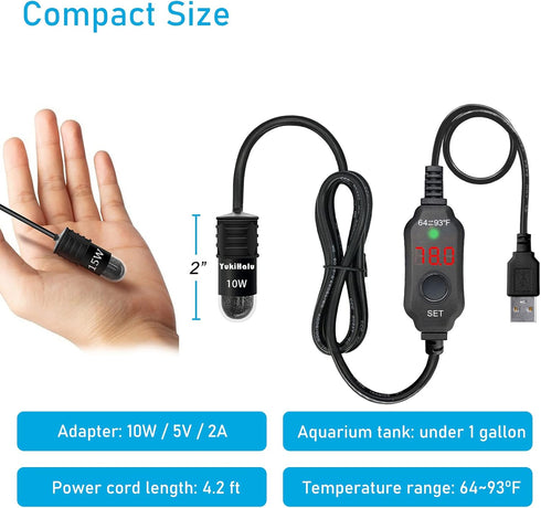 YukiHalu USB Powered Aquarium Heater, 10W Adjustable Mini Heater for 0.5-1 Gallon Tank with LED Display