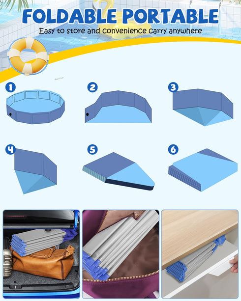 Portable Dog Pool - PVC Collapsible Swimming Pool for Pets, Hard Plastic Bathtub (S-32" x 8" Light Grey)