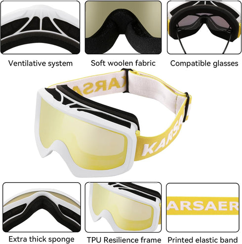 Karsaer Ski Goggles - Anti-Fog Snow Goggles OTG with 100% UV Protection for Men, Women & Youth