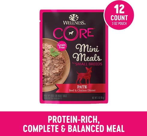 3-Ounce (Pack 12) Wellness CORE Natural Grain Free Small Breed Mini Meals Wet Dog Food, Pate Beef & Chicken Dinner