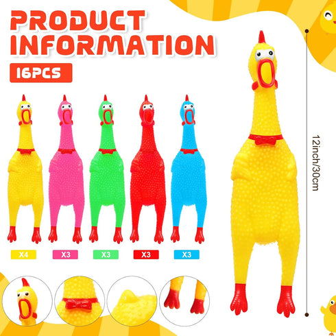 16 Pack Toy(12 Inch,Colorful) Sratte Screaming Chicken Toys Bulk Large Rubber Squeaking Chicken Toys for Pet Chew Gifts