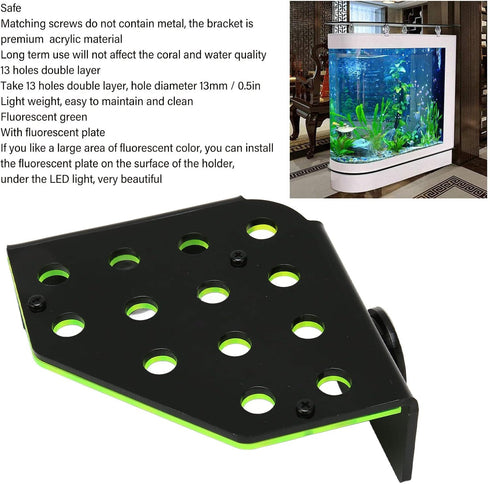 Magnetic Coral Frag Rack, Fluorescent Green Acrylic with 13 Holes, Safe Stable for Saltwater Aquarium and Fish Tanks