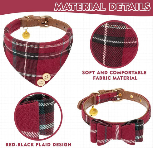 EXPAWLORER Dog Collar and Leash Set, Classic Plaid Dog Bow Tie and Bandana Collar with Bell, Tangle Free Dog Leash,