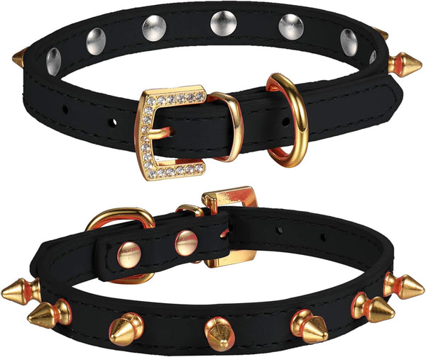 LOVPE One Row Golden Spiked Studded Leather Dog Collar with Rhinestone Buckle for Small Dog/Cat Puppy Kitty (Black, S)