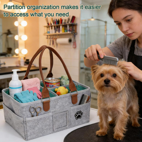 3 8 Felt Dog Grooming Bag, Pet Portable Tote Bag with Handle, Dogs Storage Organizer, Compartments Caddy with Pockets