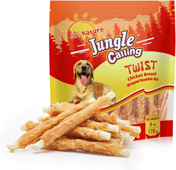 Jungle Calling Dog Treats, Chicken Wrapped Rawhide Sticks for Dogs, Delicious and