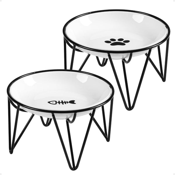 Ceramic Cat Bowls, 2 Pack - 10 oz Raised, Whisker Friendly, Anti-Vomiting Food Plates for Indoor Cats & Kittens