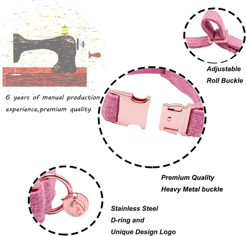 DOGWONG Cotton Dog Collar and Leash, Soft Durable Pink Pet Collar for Small Medium Large Girl Dogs
