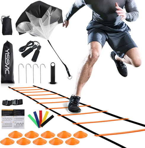 YISSVIC 20 Feet Agility Ladder Set with 12 Adjustable Rungs, Speed Training Equipment, Cones, Parachute, Jump Rope