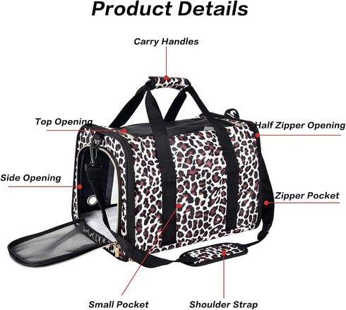 Petmolico Cat and Dog Carrier, Airline Approved Soft Travel Carrier with 3 Open Doors, Leopard