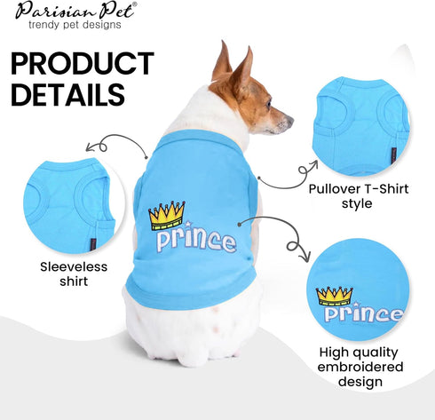 Parisian Pet Dog T-Shirt - Embroidered 'Prince' - Blue XL, 100% Cotton, Sleeveless Vest for Large Dogs