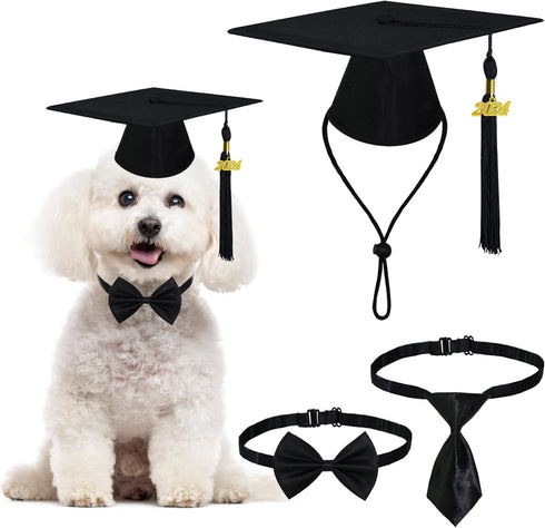 Dog Graduation Outfit - Adjustable Graduation Cap with Black Tassels 2023 Charm, Necktie and Bow Tie Collar for Dogs