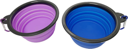 Small Portable Collapsible Pet Bowl, Foldable Food & Water Dish for Dogs & Cats, Ideal for Travel, Hiking, Camping & Outdoor Activities (Purple + Dark blue) 2 Pack with 2 Carabiners, BPA Free