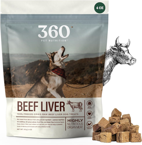 360 Pet Nutrition Freeze-Dried Raw Beef Liver Treats, High Protein Grain-Free Dog or Cat Snacks, 4 oz