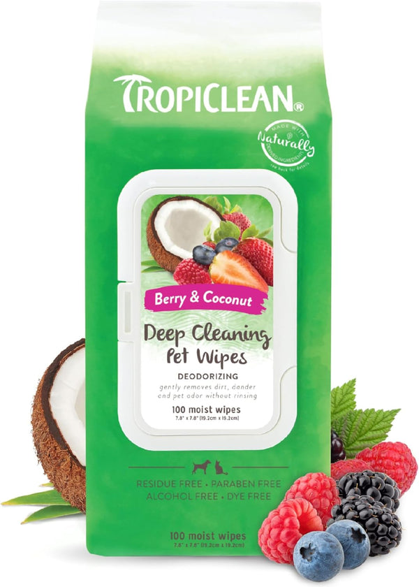 TropiClean Berry & Coconut Dog Wipes for Paws and Butt | Deep Cleaning Grooming Wipes | Safe for The Face | 100 Count
