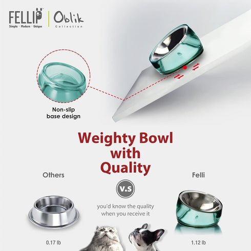 Felli Pet Oblik Anti Whisker Fatigue Cat Bowl, Raised Stainless Steel Wide Shallow Dish, Vomit & Spill Proof, 0.5Cup