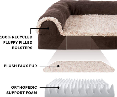 Furhaven Orthopedic Dog Bed for Large/Medium Dogs, Removable Bolsters & Washable Cover, Two-Tone Plush Faux Fur,
