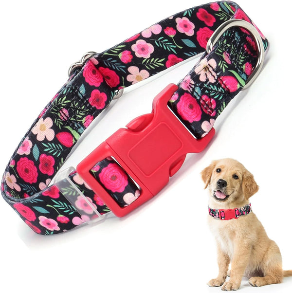 Girl Dog Collar with Red Flowers, Quick Release Buckle & Adjustable Comfy Pet Collar for Small Medium Large XL Dogs