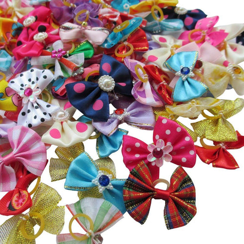 Chenkou Craft 100pcs Random Puppy Yorkie Dog Hair Bow with Rubber Band, Rhinestone Pet Grooming Accessories, Mix Colors