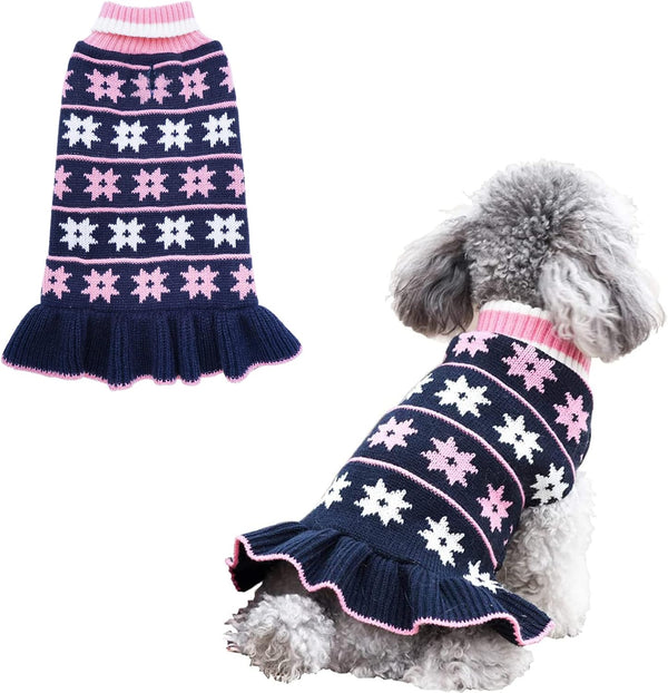 KYEESE Dog Sweater for Girl Dogs - Warm Pet Coats with Snowflake Pattern Knit Turtleneck Pullover, Navyblue, X-Large