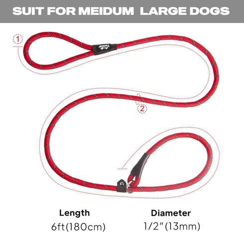 TwoEar 1/2" x 6FT Dog Slip Rope Leash, Heavy Duty Training Leash with Highly Reflective Threads for All Dogs