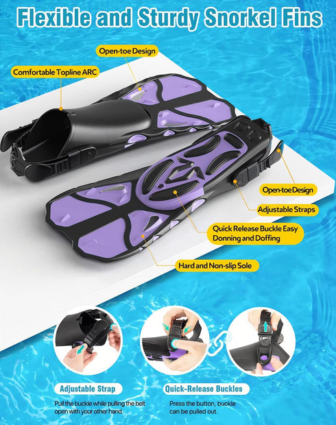 Snorkel Set with Fins for Adults, Snorkeling Gear Combo Set with Dry Top Snorkel Mask and Travel Bag for Swimming