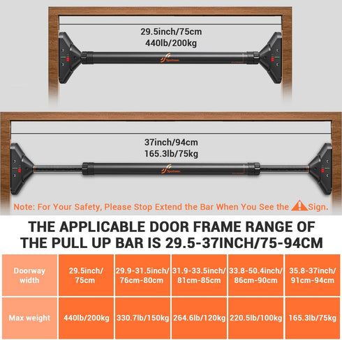 Sportneer Pull Up Bar, Adjustable 29.5''-37'' Width, No Screws Chin Up Bar for Home Gym, Max Load 440lbs