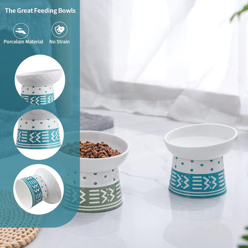 TAMAYKIM Tilted Ceramic Elevated Cat Bowls, Set of 2 Raised Food & Water Bowls for Cats and Puppies, Cyan & Grey
