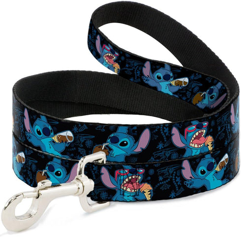 Buckle-Down Pet Leash - Stitch Snacking Poses Black/Blue; 6 Feet Long, 1/2" Wide