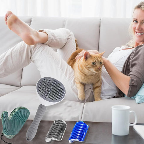 4 Pcs Cat Grooming Kit: Self-Cleaning Slicker Brush, Deshedding Glove & Corner Massagers for Shedding