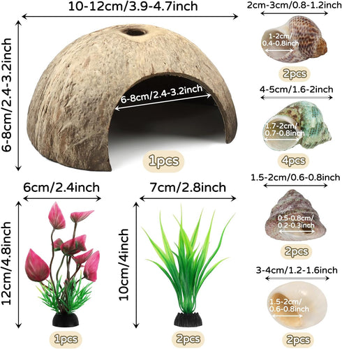 Hermit Crab Sea Shells Natural Coconut Shell Hut, Artificial Plants for Hermit Crab Tank Hide Reptile Supplies - 22 PCS