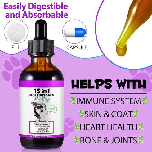 ZIXAOK 15-in-1 Immune Dog Multivitamin Drops for Dogs | Liquid Multivitamin with Glucosamine, MSM & Omega for Joint