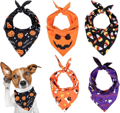Whaline 5 Pack Halloween Dog Bandanas, Washable Triangle Pet Scarfs for Medium Dogs, Pumpkin, Ghost, Candy Corn