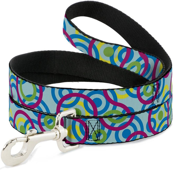 Dog Leash, Bullseye Stacked Swirl, Blues Green Yellow Pink, 6 Feet Long, 1.0 Inch Wide