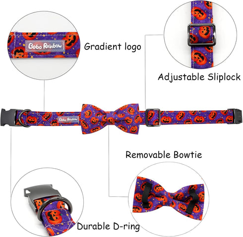 Halloween Pumpkin Bowtie Dog Collar, Soft Adjustable Metal Buckle Gift for X-Small Dogs