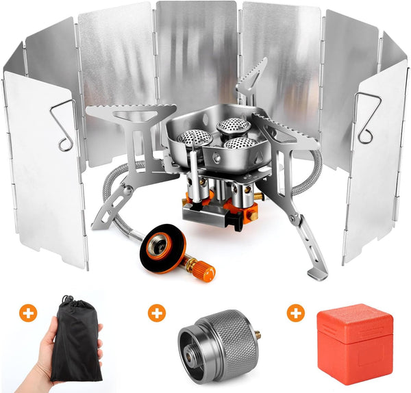 Odoland 6800W Windproof Camp Stove, Camping Gas Stove with Windscreen, Piezo Ignition, Carry Case for Outdoor