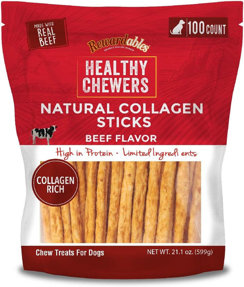 Healthy Chewers Natural Collagen and Beef Sticks for Dogs | 100 Count | High Protein Limited Ingredient Chews